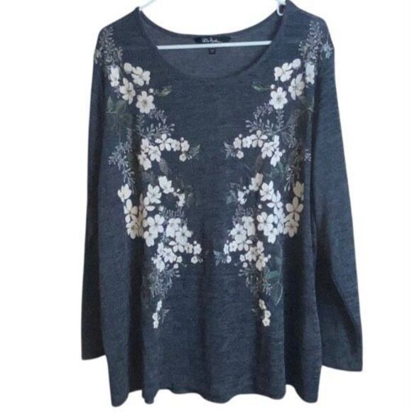Ulla Popken Women’s Plus Sz 20/22 Floral Graphic Long Sleeve Knit Top Charcoal G - Picture 1 of 4